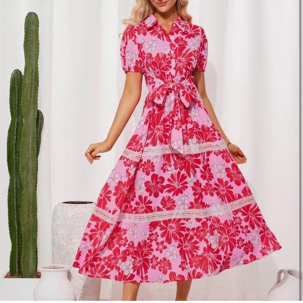 Grace Karin Pink and Red Midi Dress with pockets